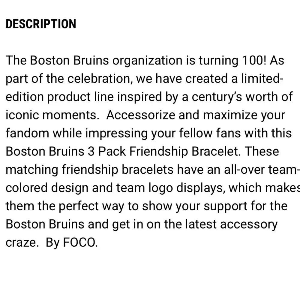 Foco Boston Bruins Ice Hockey Kids Set of 3 Centennial Bracelets.